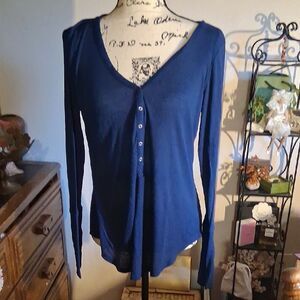 Express Blue Henley Long Sleeve Women's Top Size Medium